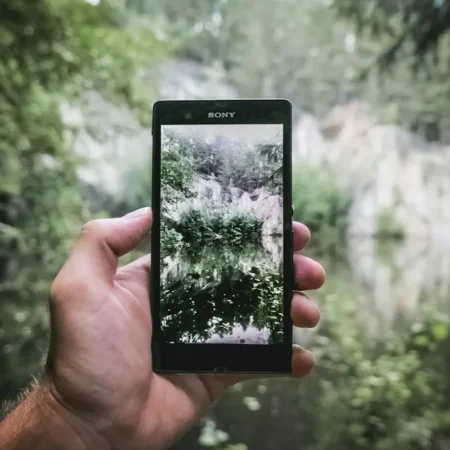 Person fotografiert einen See mit dem Smartphone – Apps für mehr Umweltschutz im Alltag